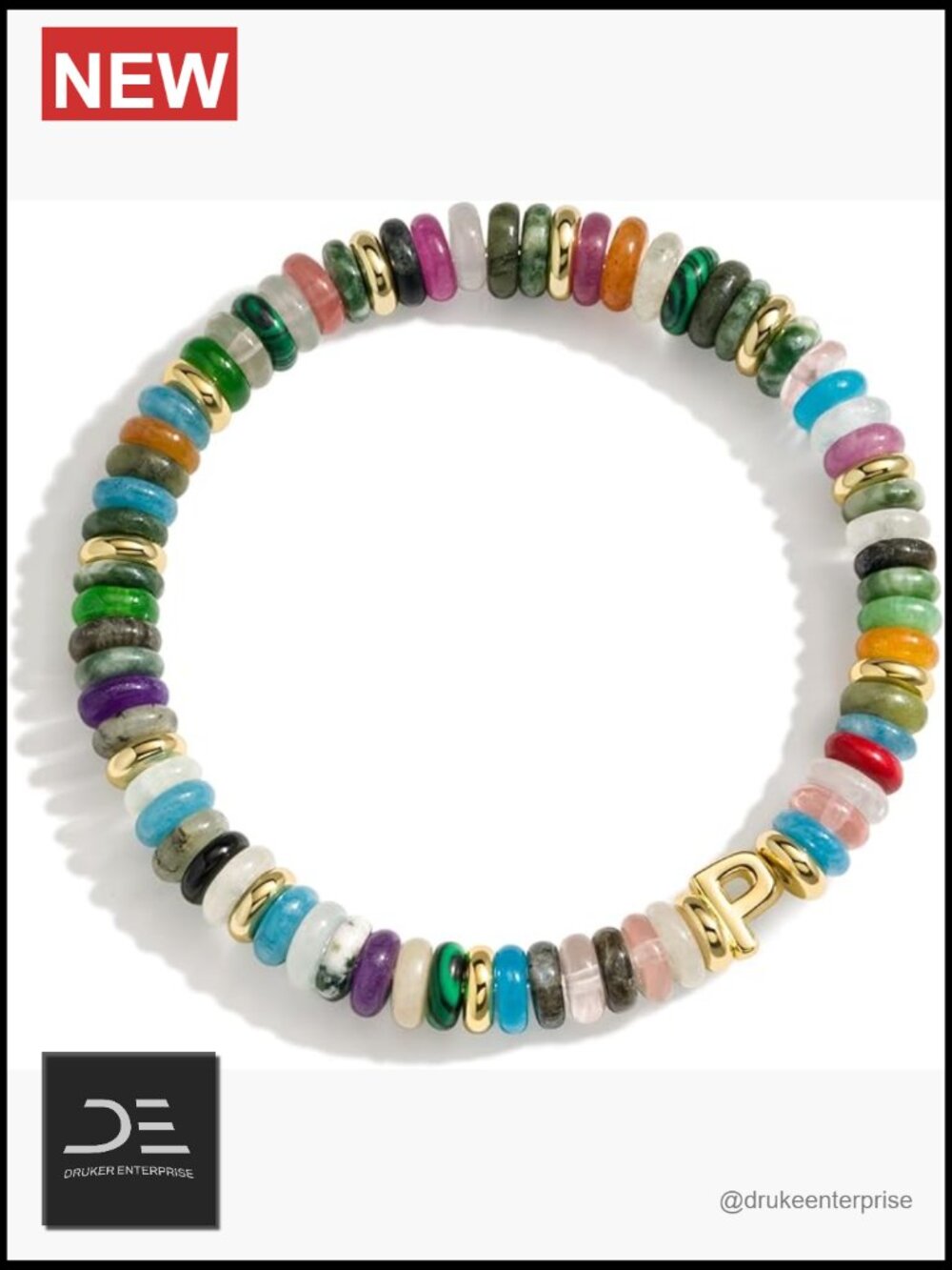 Natural Gemstone Initial Stretch Bracelet 14K Gold Filled Beaded Jewelry Women